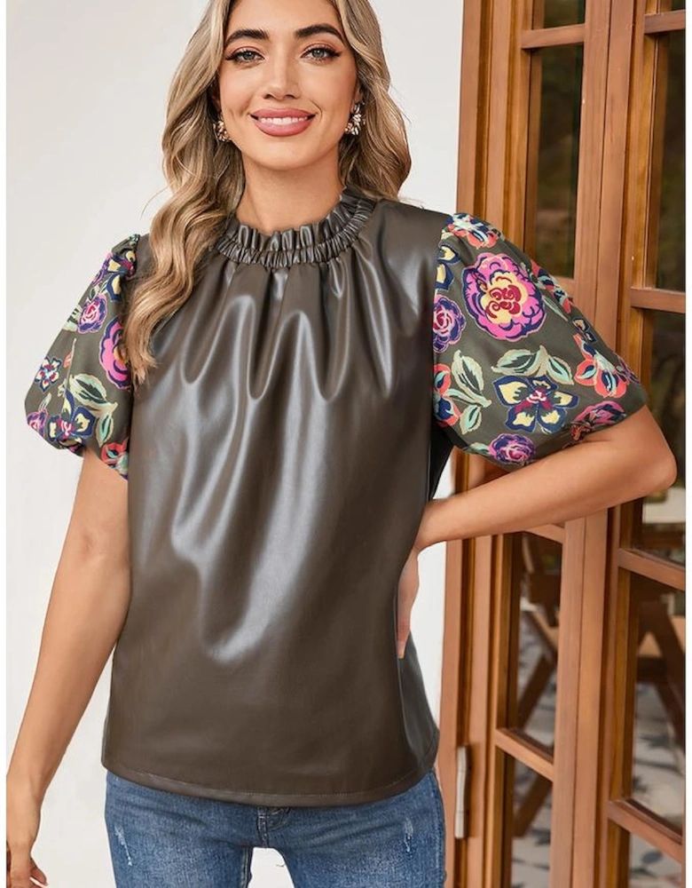 Four Leaf Clover Floral Bubble Sleeve Patchwork Leatherette Frilled Round Neck Blouse