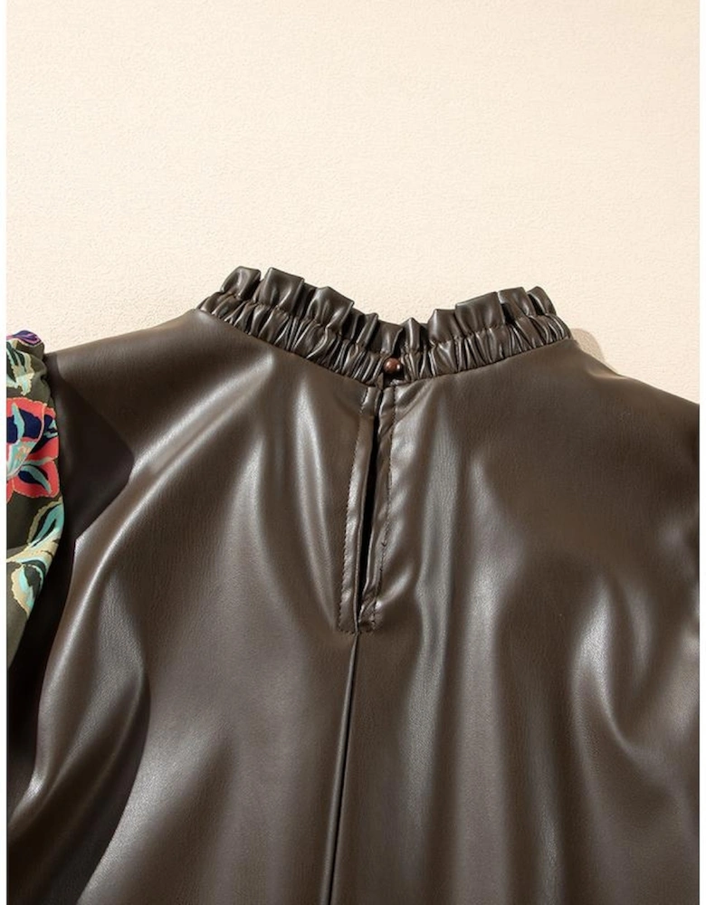 Four Leaf Clover Floral Bubble Sleeve Patchwork Leatherette Frilled Round Neck Blouse