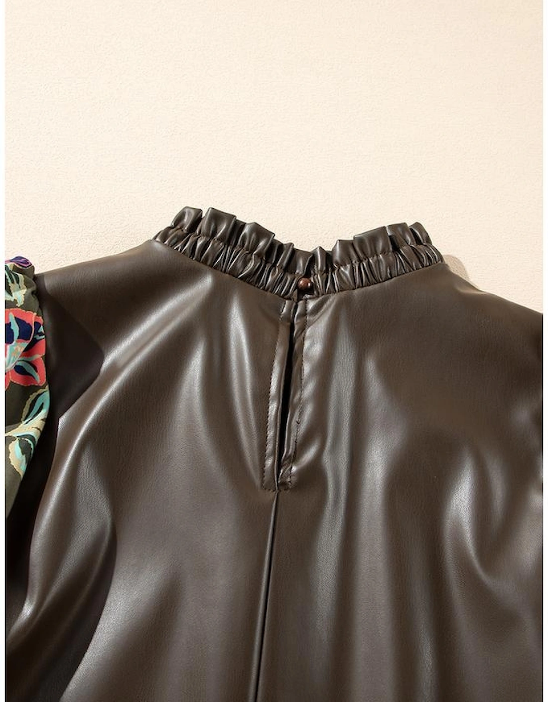 Four Leaf Clover Floral Bubble Sleeve Patchwork Leatherette Frilled Round Neck Blouse