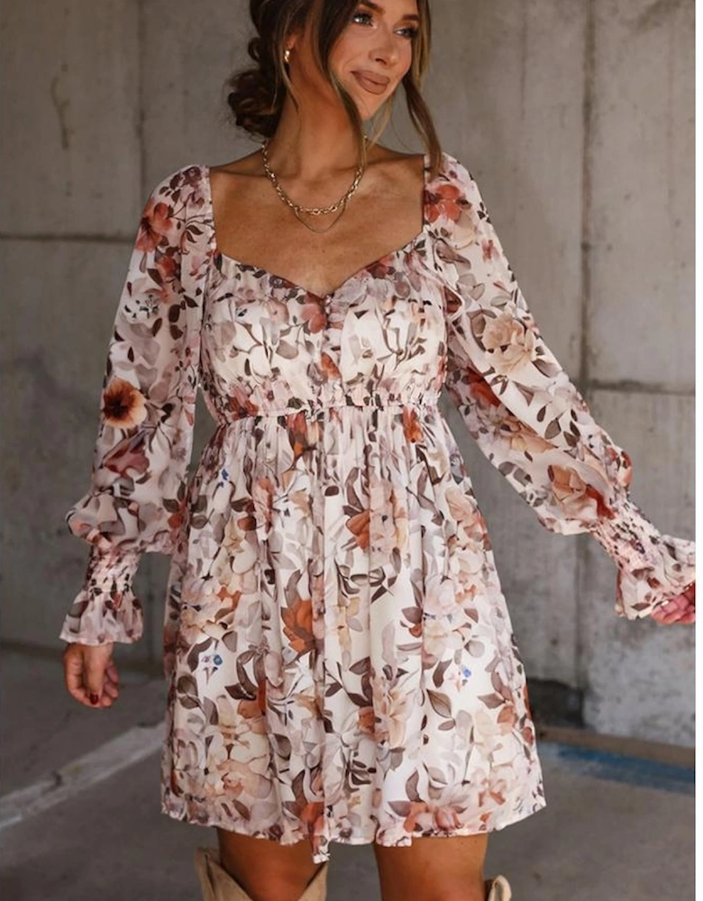 White Floral Print Sweetheart Neck Long Sleeve High Waist Mini Dress
