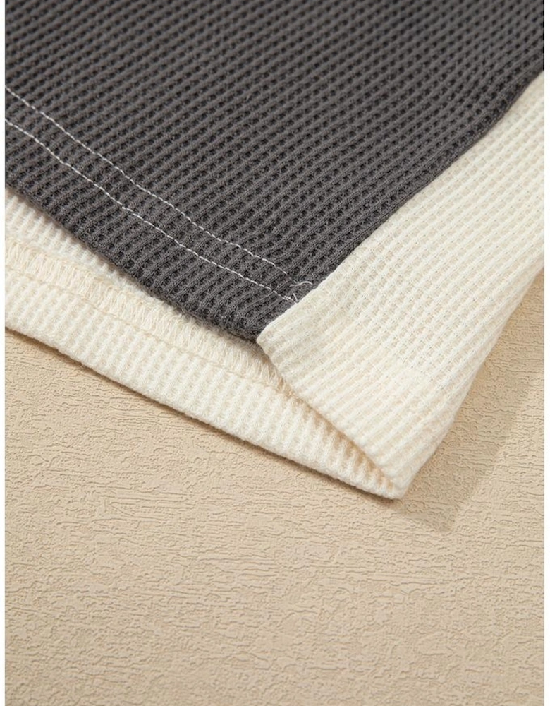 Dark Grey Waffle Colorblock Buttons Placket Drop Shoulder Drawstring Hoodie