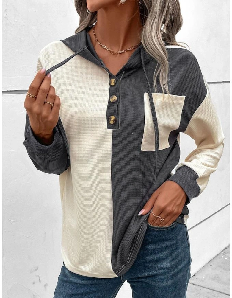 Dark Grey Waffle Colorblock Buttons Placket Drop Shoulder Drawstring Hoodie