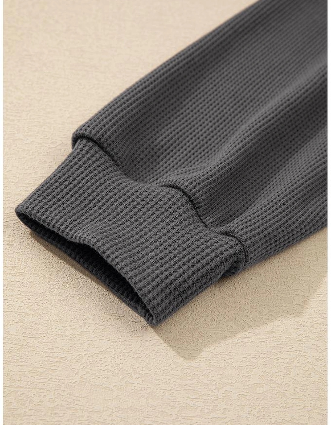 Dark Grey Waffle Colorblock Buttons Placket Drop Shoulder Drawstring Hoodie