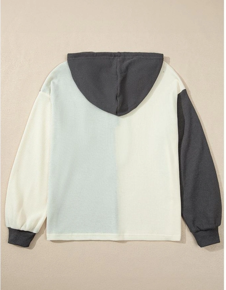 Dark Grey Waffle Colorblock Buttons Placket Drop Shoulder Drawstring Hoodie