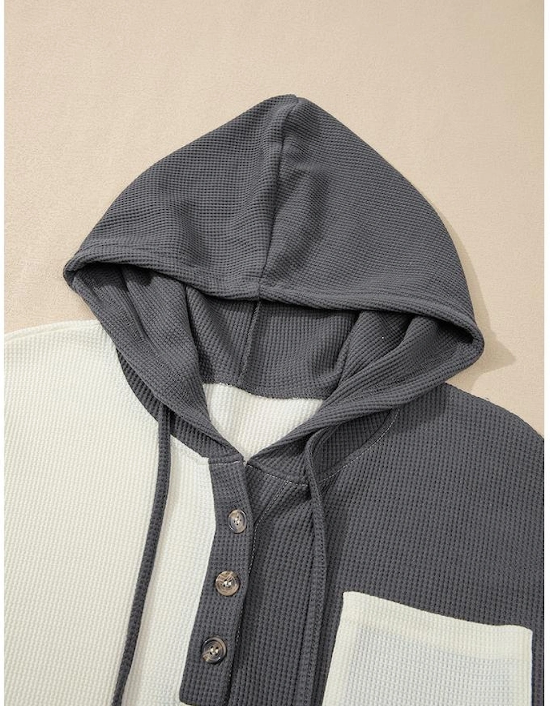 Dark Grey Waffle Colorblock Buttons Placket Drop Shoulder Drawstring Hoodie