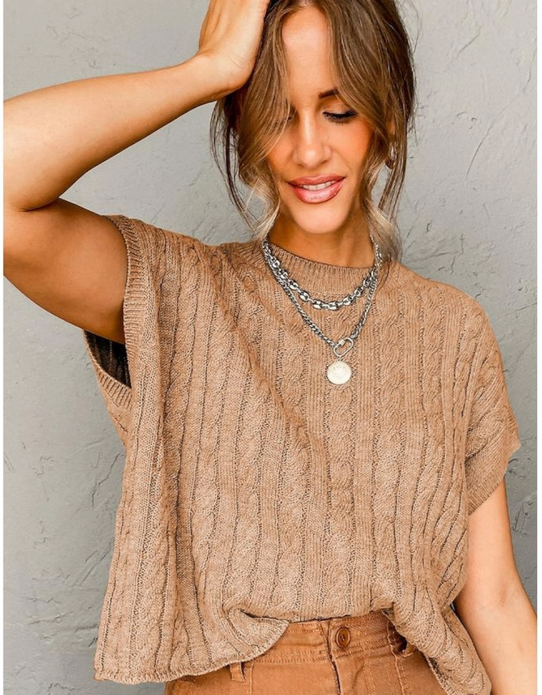 Light French Beige Crew Neck Cable Knit Short Sleeve Sweater