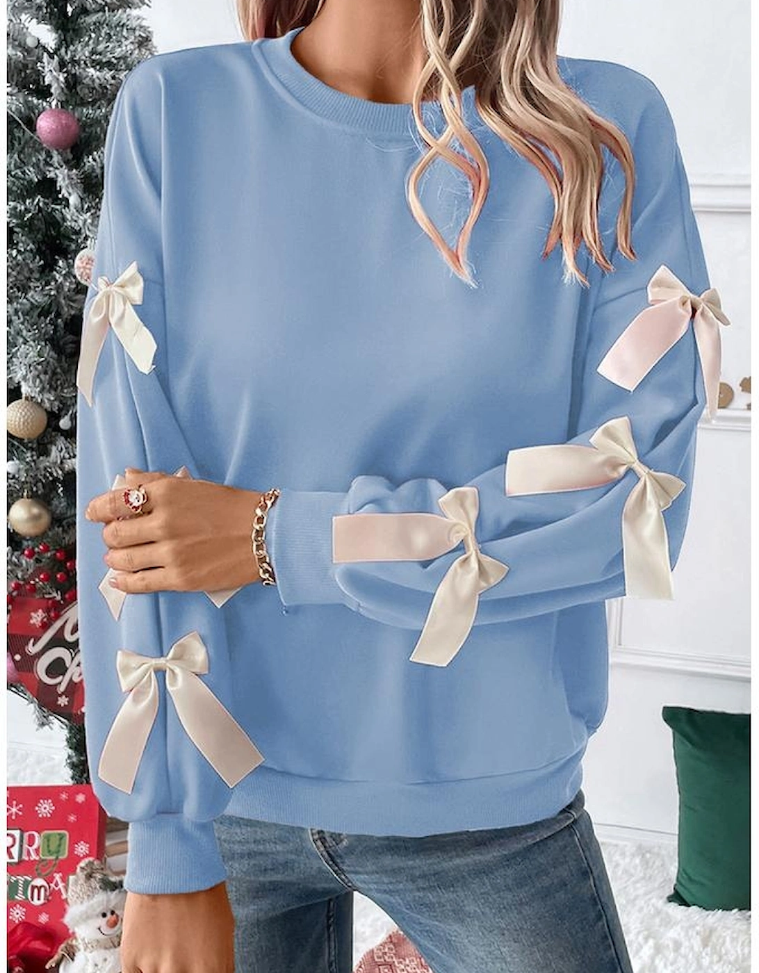 Myosotis Contrast Bow Decor Dropped Sleeve Crewneck Sweatshirt
