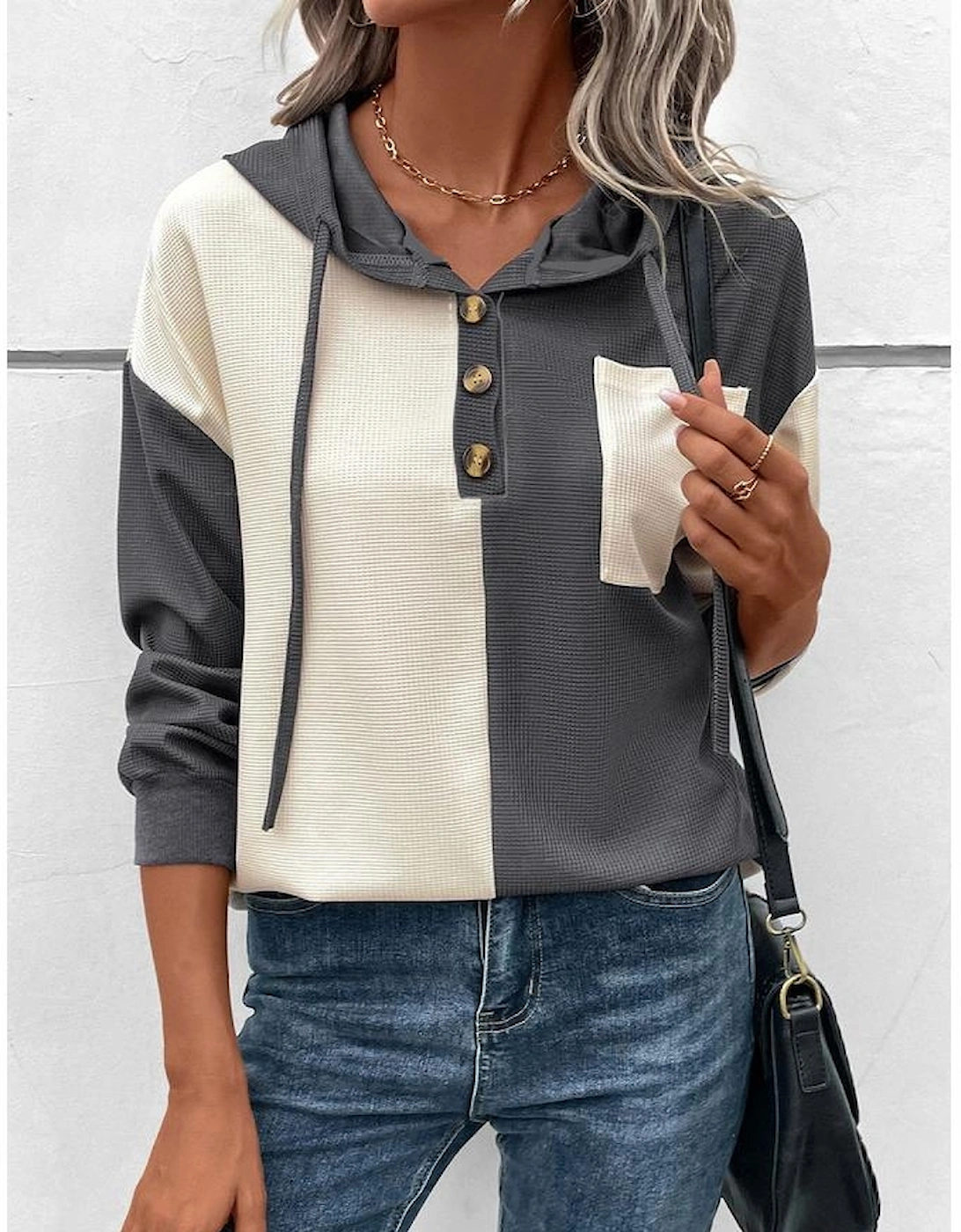 Dark Grey Waffle Colorblock Buttons Placket Drop Shoulder Drawstring Hoodie