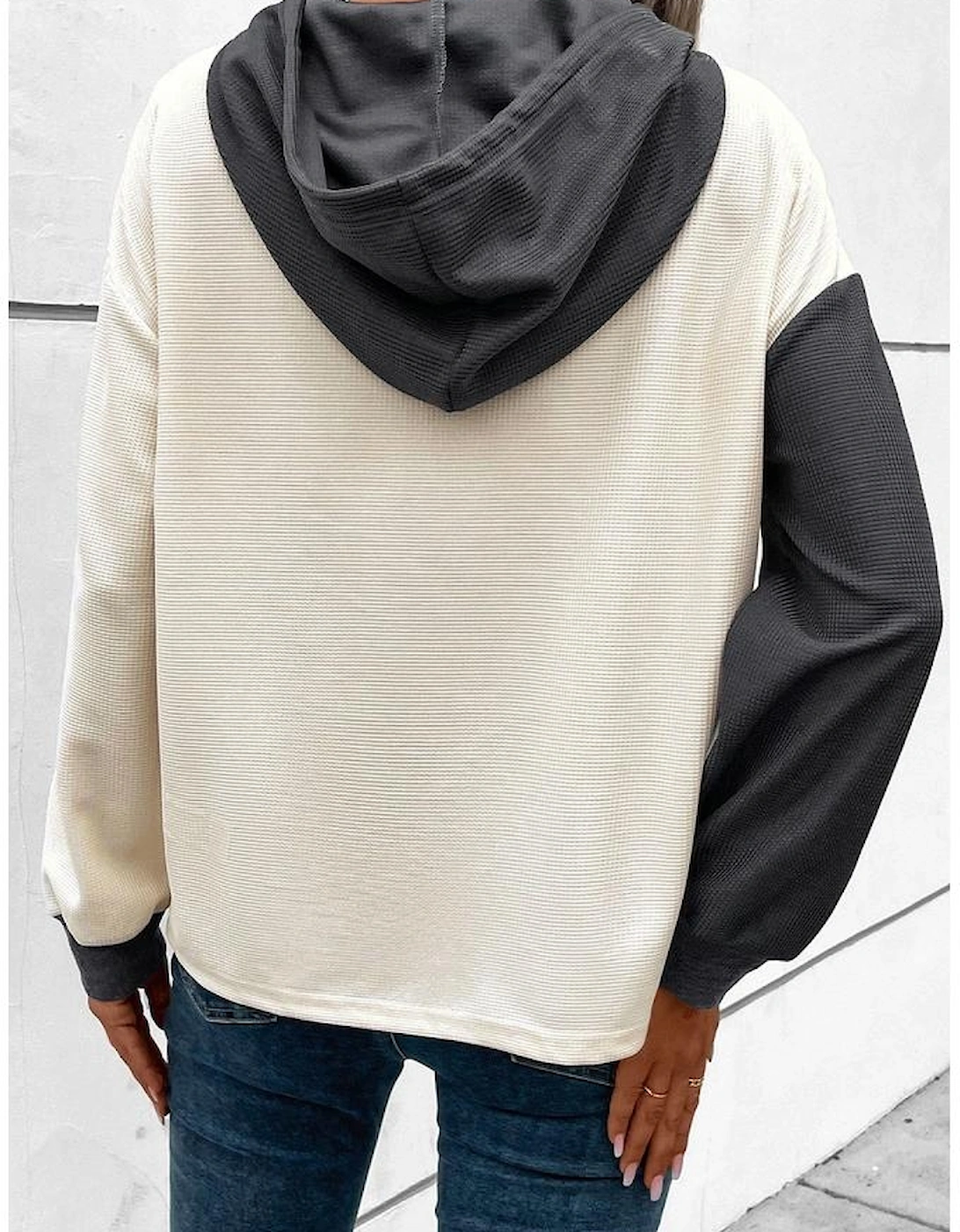 Dark Grey Waffle Colorblock Buttons Placket Drop Shoulder Drawstring Hoodie