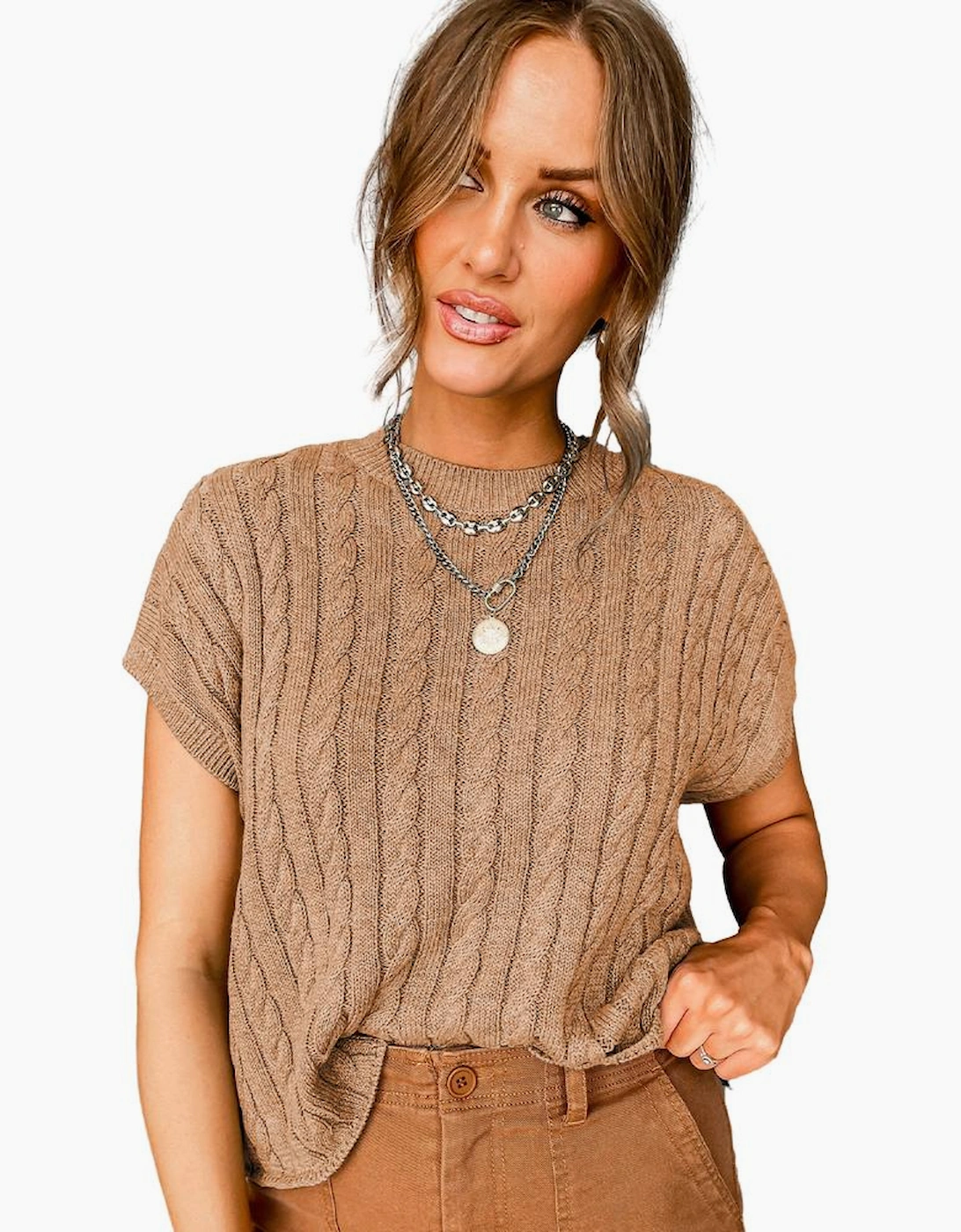 Light French Beige Crew Neck Cable Knit Short Sleeve Sweater
