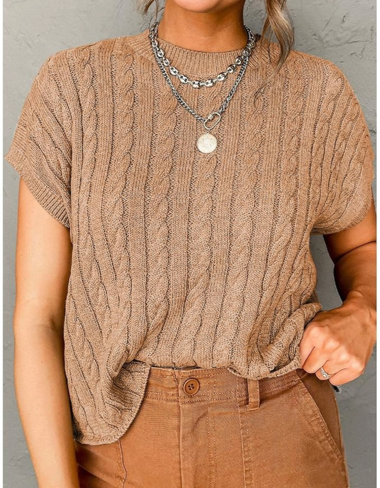 Light French Beige Crew Neck Cable Knit Short Sleeve Sweater