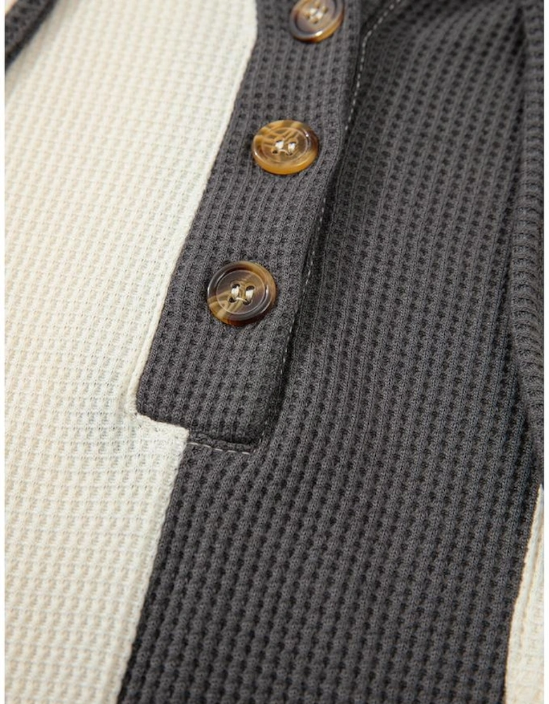 Dark Grey Waffle Colorblock Buttons Placket Drop Shoulder Drawstring Hoodie