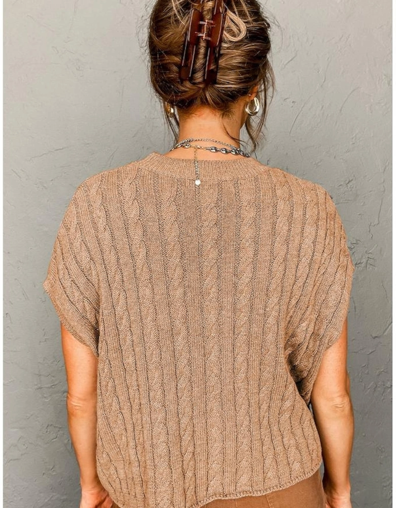 Light French Beige Crew Neck Cable Knit Short Sleeve Sweater