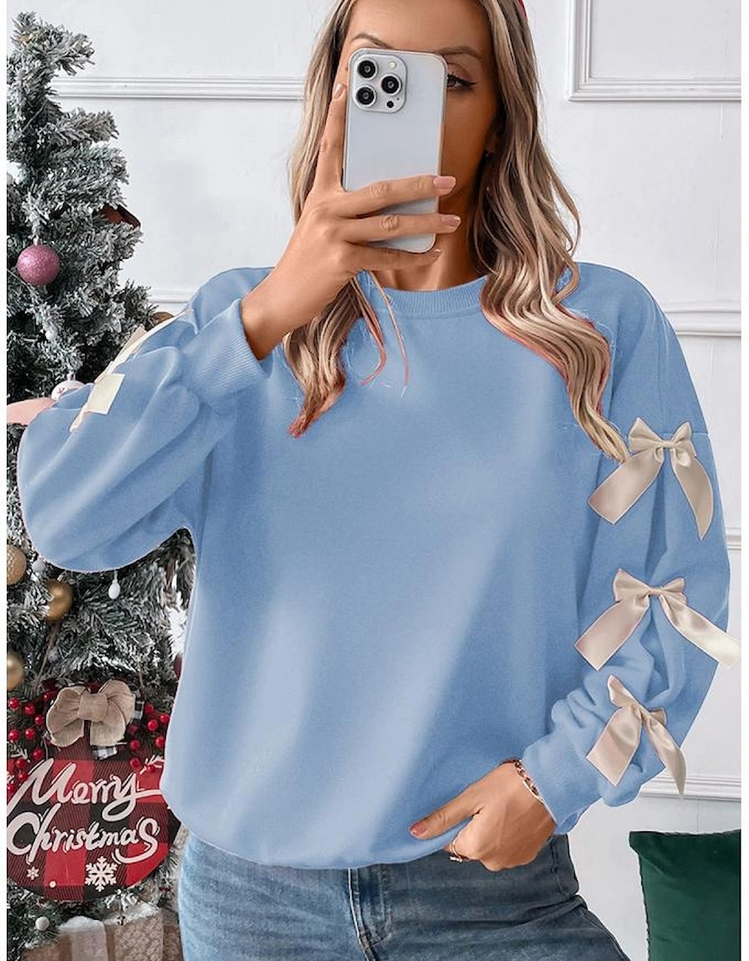 Myosotis Contrast Bow Decor Dropped Sleeve Crewneck Sweatshirt