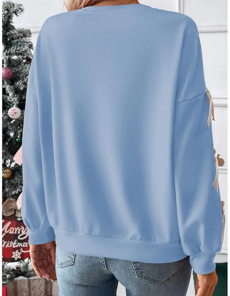 Myosotis Contrast Bow Decor Dropped Sleeve Crewneck Sweatshirt