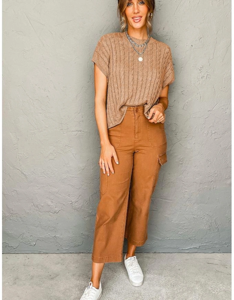 Light French Beige Crew Neck Cable Knit Short Sleeve Sweater