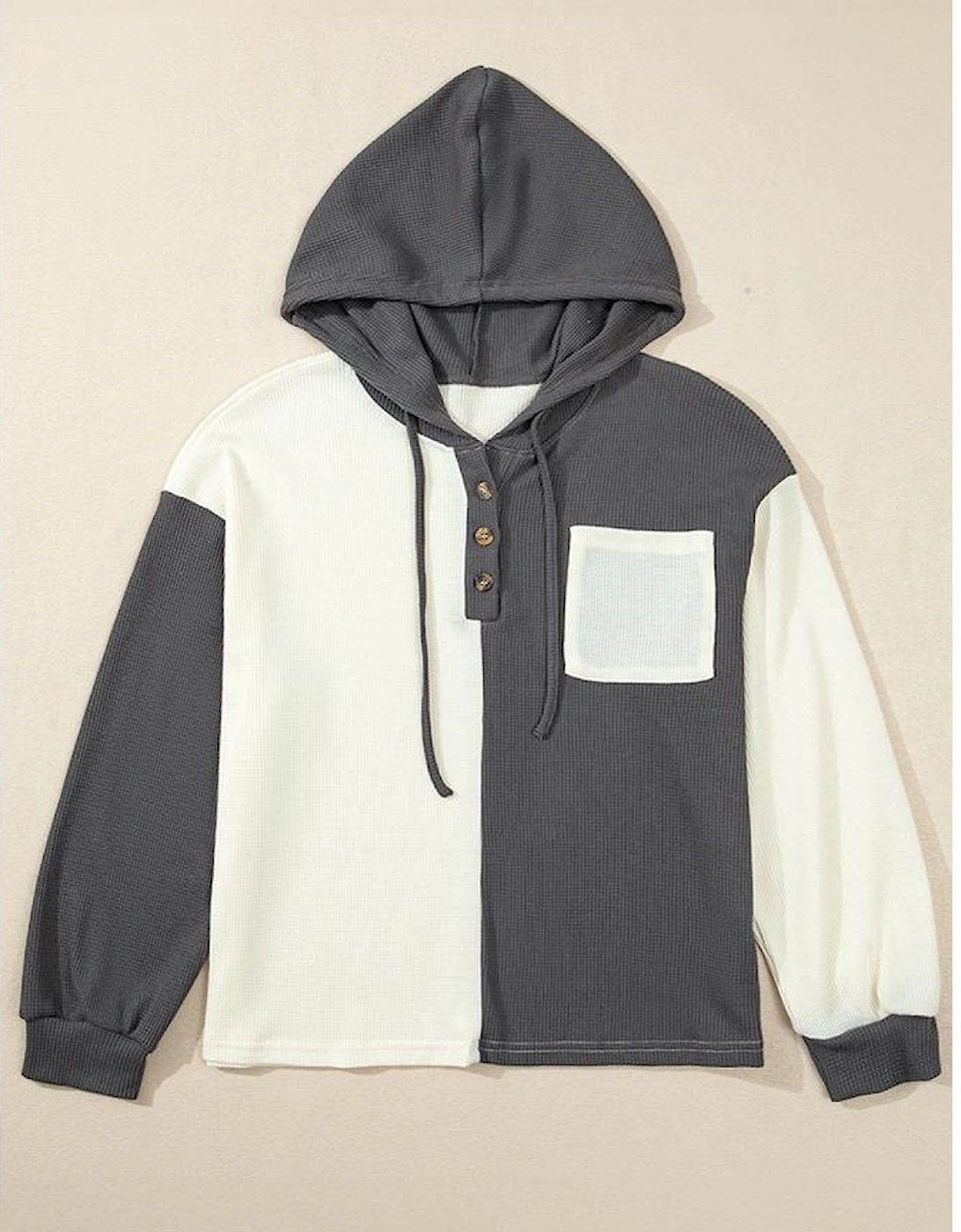 Dark Grey Waffle Colorblock Buttons Placket Drop Shoulder Drawstring Hoodie