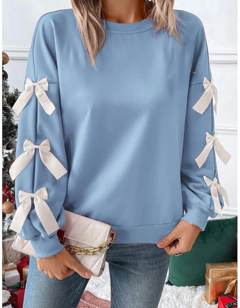 Myosotis Contrast Bow Decor Dropped Sleeve Crewneck Sweatshirt