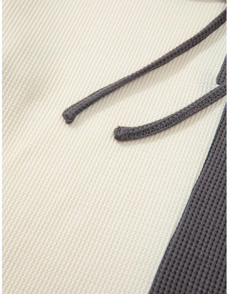 Dark Grey Waffle Colorblock Buttons Placket Drop Shoulder Drawstring Hoodie