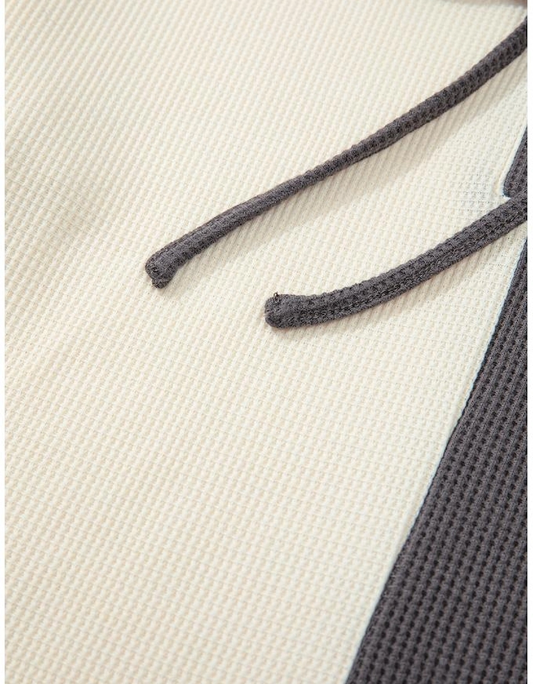 Dark Grey Waffle Colorblock Buttons Placket Drop Shoulder Drawstring Hoodie