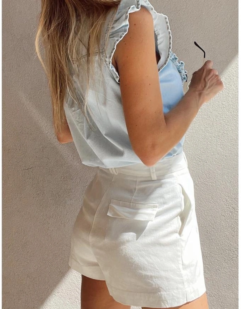 Beau Blue Mineral Wash Cap Sleeve Frilled Button Up Denim Shirt