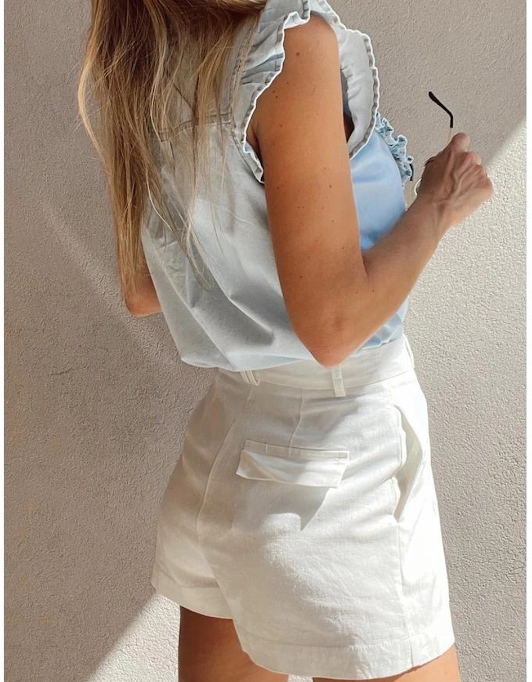 Beau Blue Mineral Wash Cap Sleeve Frilled Button Up Denim Shirt, 7 of 6