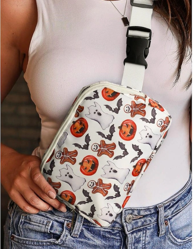 White Halloween Pattern Print Wide Belt Square Crossbody Bag