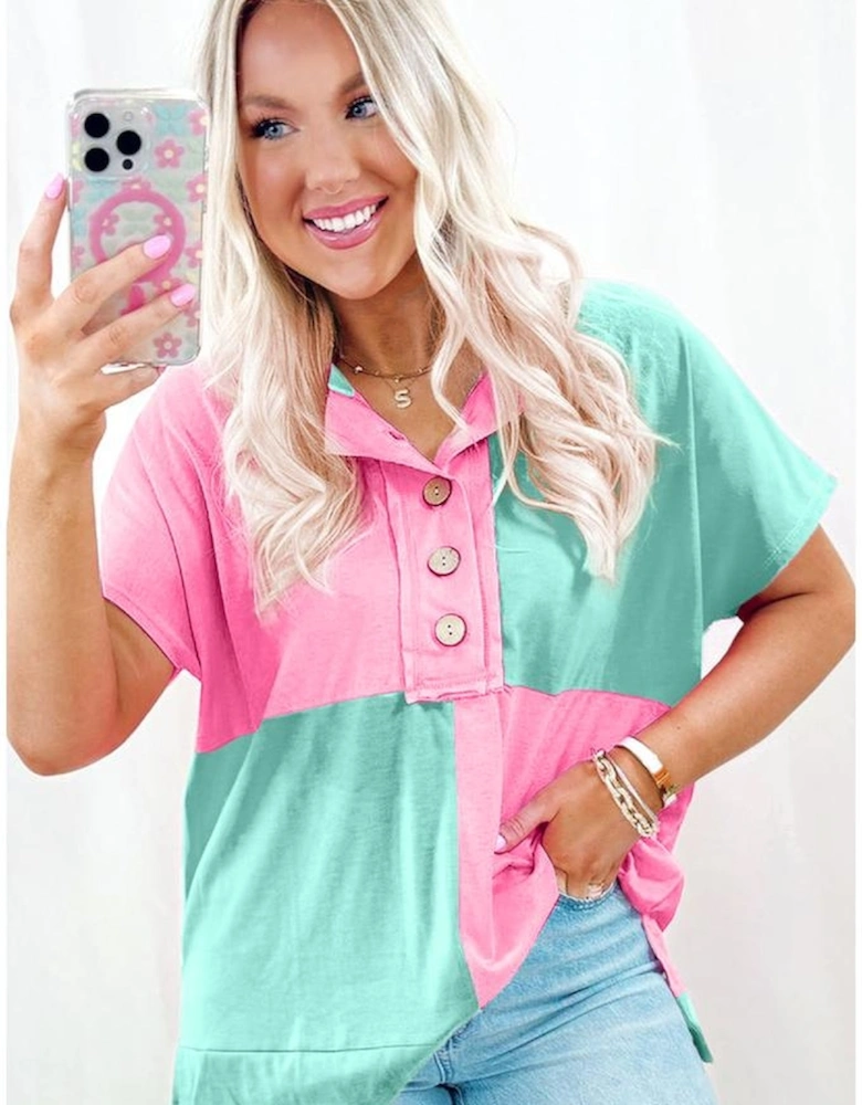 Mint Green Two Tone Half Buttons Collared T Shirt