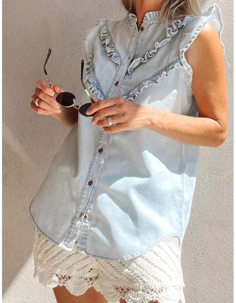 Beau Blue Mineral Wash Cap Sleeve Frilled Button Up Denim Shirt
