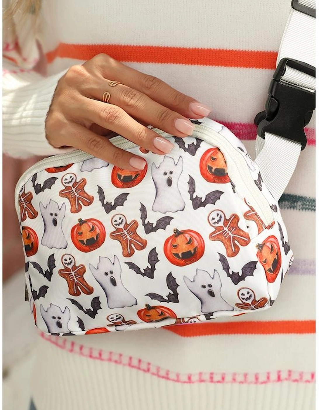 White Halloween Pattern Print Wide Belt Square Crossbody Bag