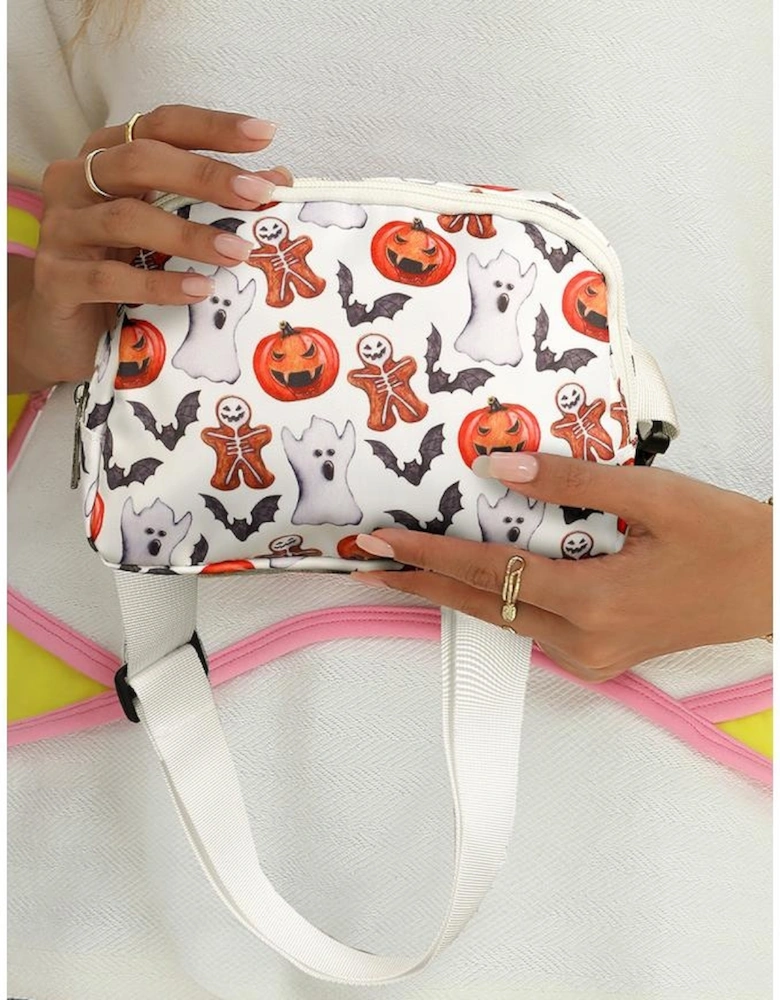 White Halloween Pattern Print Wide Belt Square Crossbody Bag