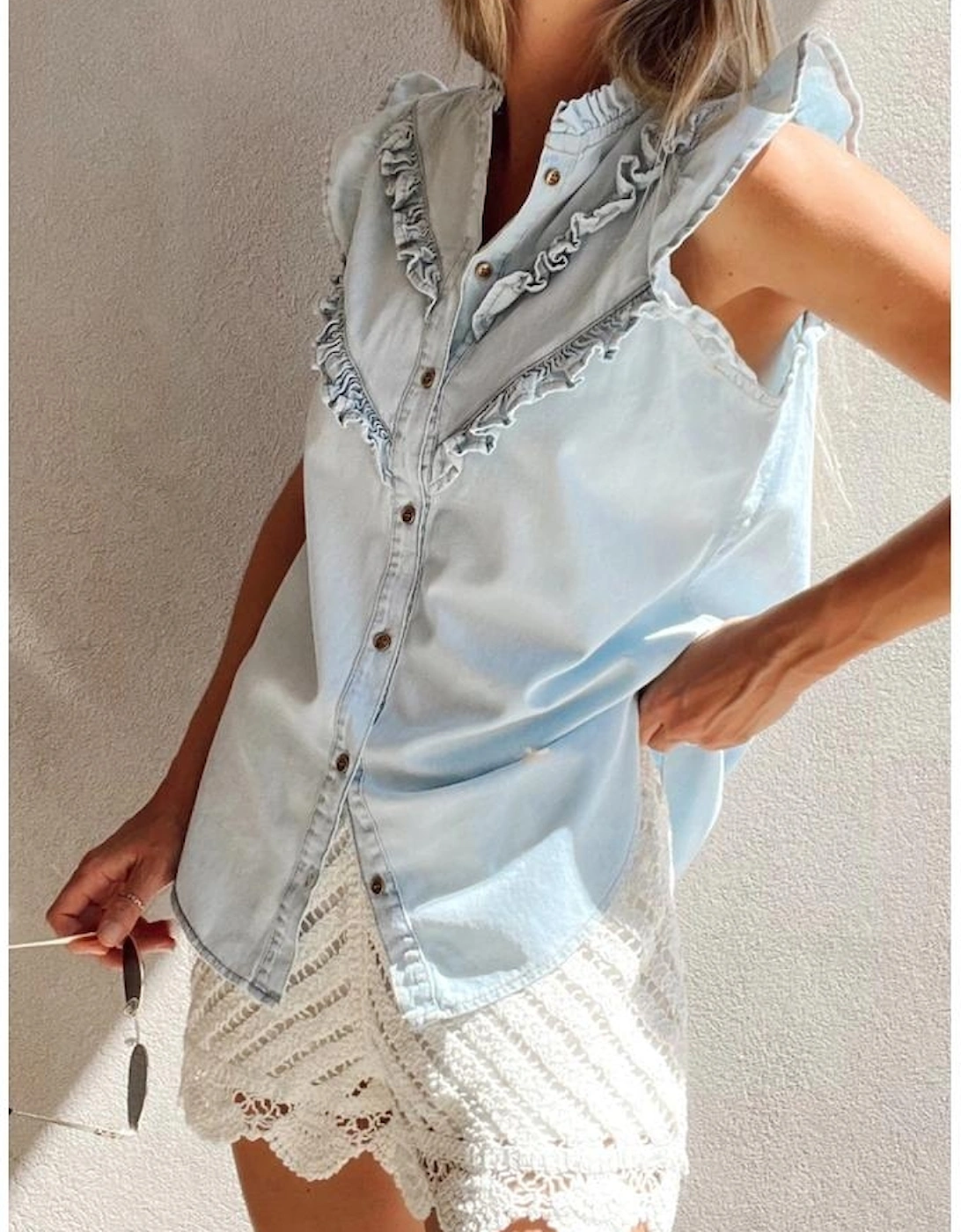 Beau Blue Mineral Wash Cap Sleeve Frilled Button Up Denim Shirt