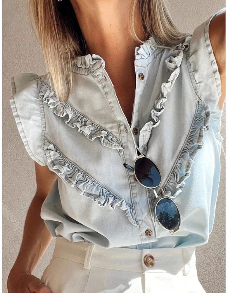 Beau Blue Mineral Wash Cap Sleeve Frilled Button Up Denim Shirt