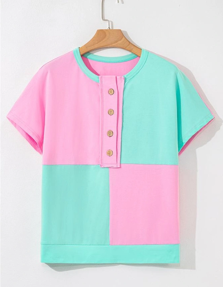 Mint Green Two Tone Half Buttons Collared T Shirt