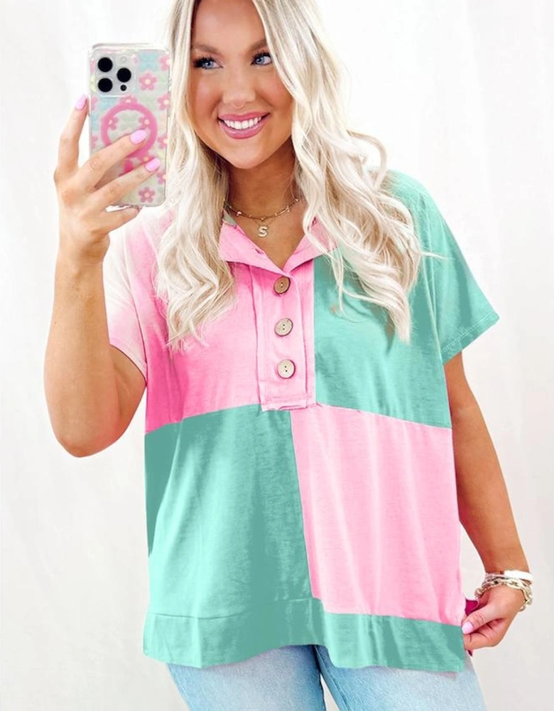 Mint Green Two Tone Half Buttons Collared T Shirt