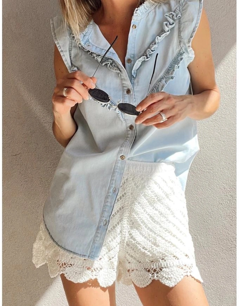 Beau Blue Mineral Wash Cap Sleeve Frilled Button Up Denim Shirt
