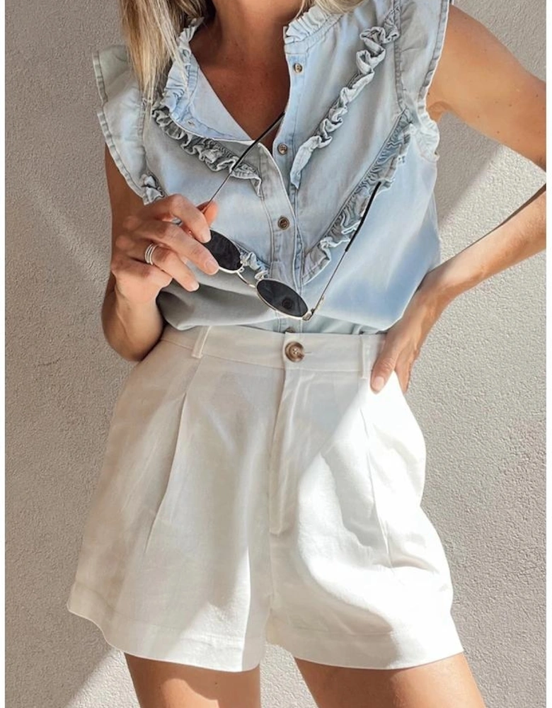 Beau Blue Mineral Wash Cap Sleeve Frilled Button Up Denim Shirt