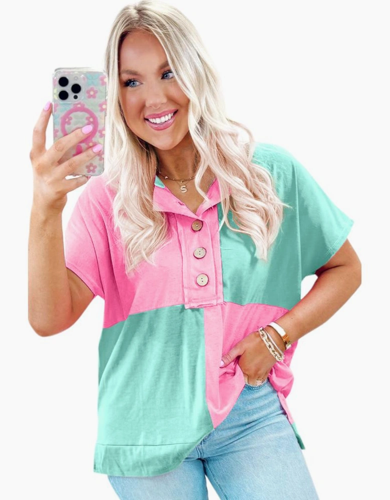 Mint Green Two Tone Half Buttons Collared T Shirt
