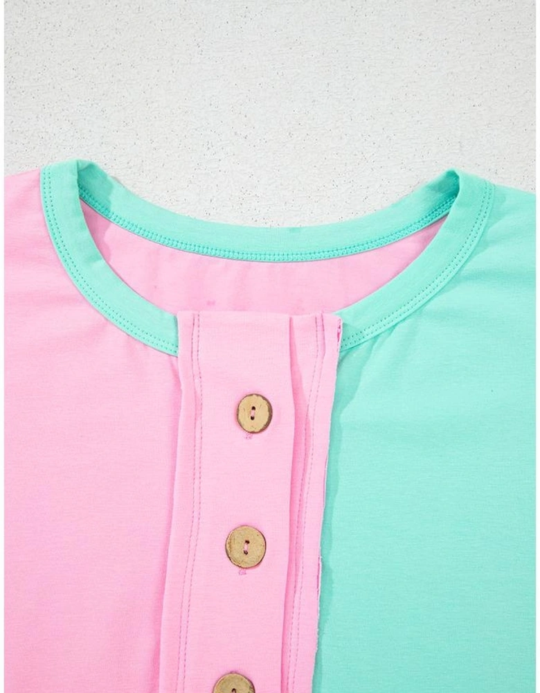 Mint Green Two Tone Half Buttons Collared T Shirt
