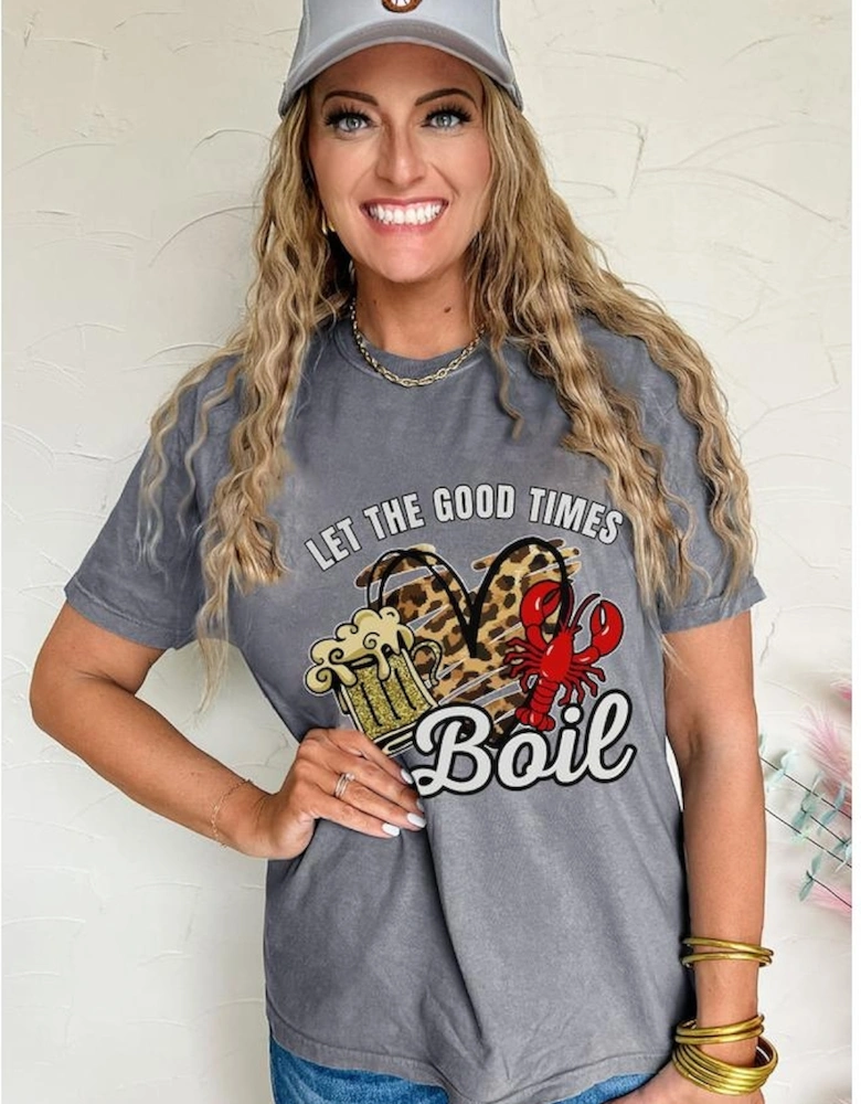 Gray Let The Good Times Boil Crawfish Leopard Heart Graphic Tee