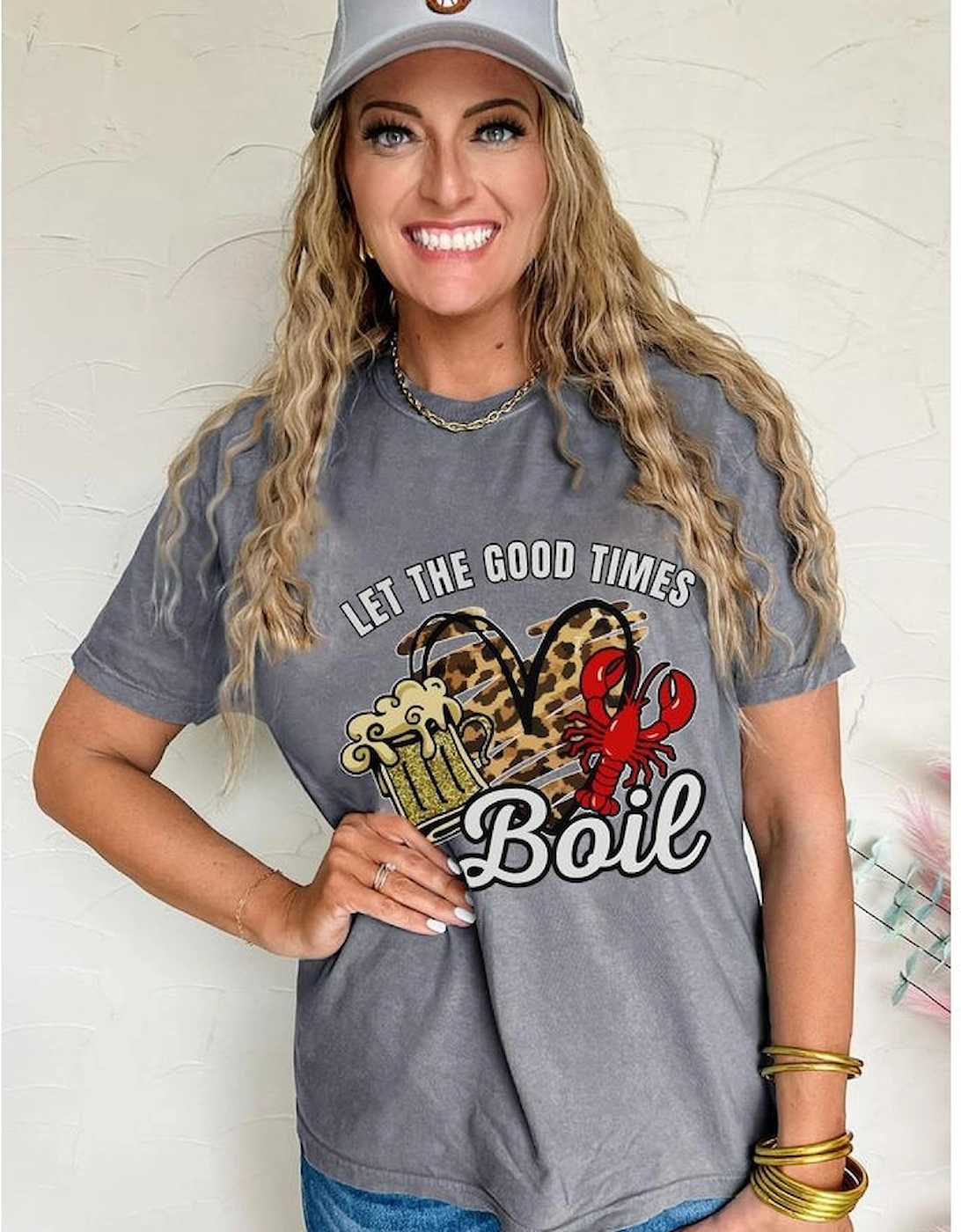 Gray Let The Good Times Boil Crawfish Leopard Heart Graphic Tee