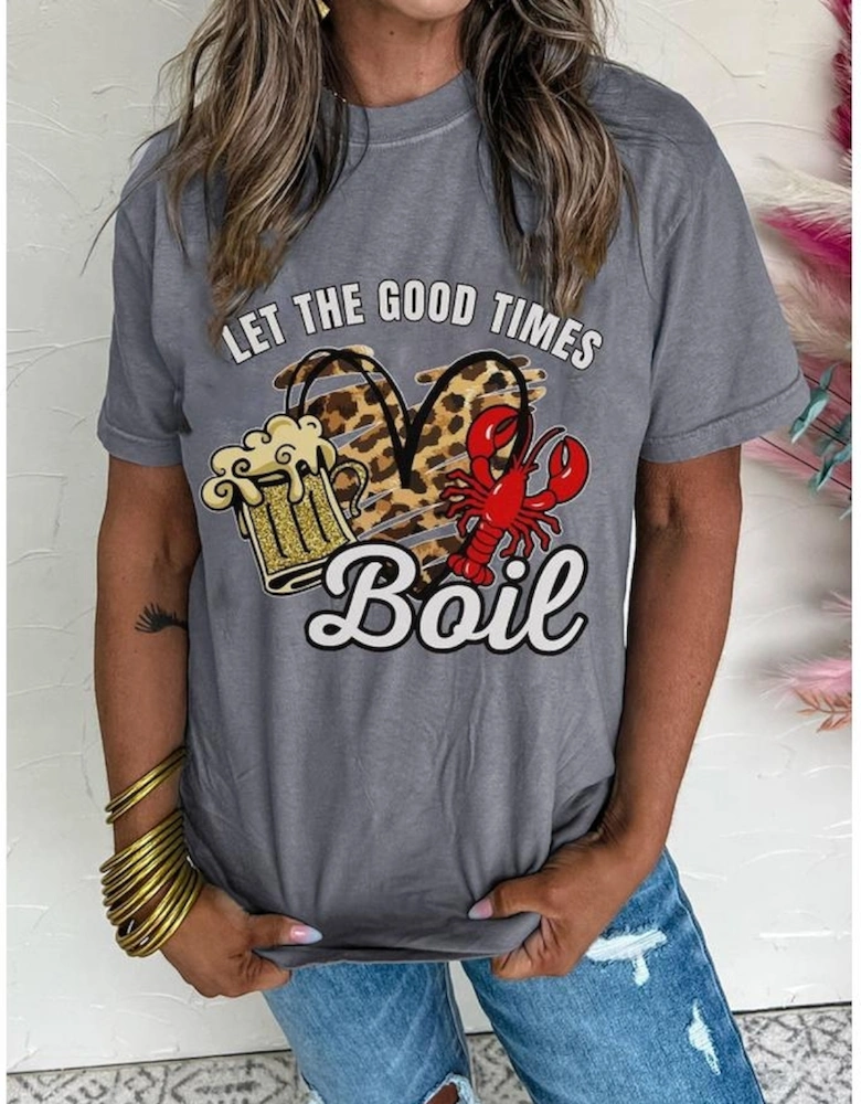 Gray Let The Good Times Boil Crawfish Leopard Heart Graphic Tee