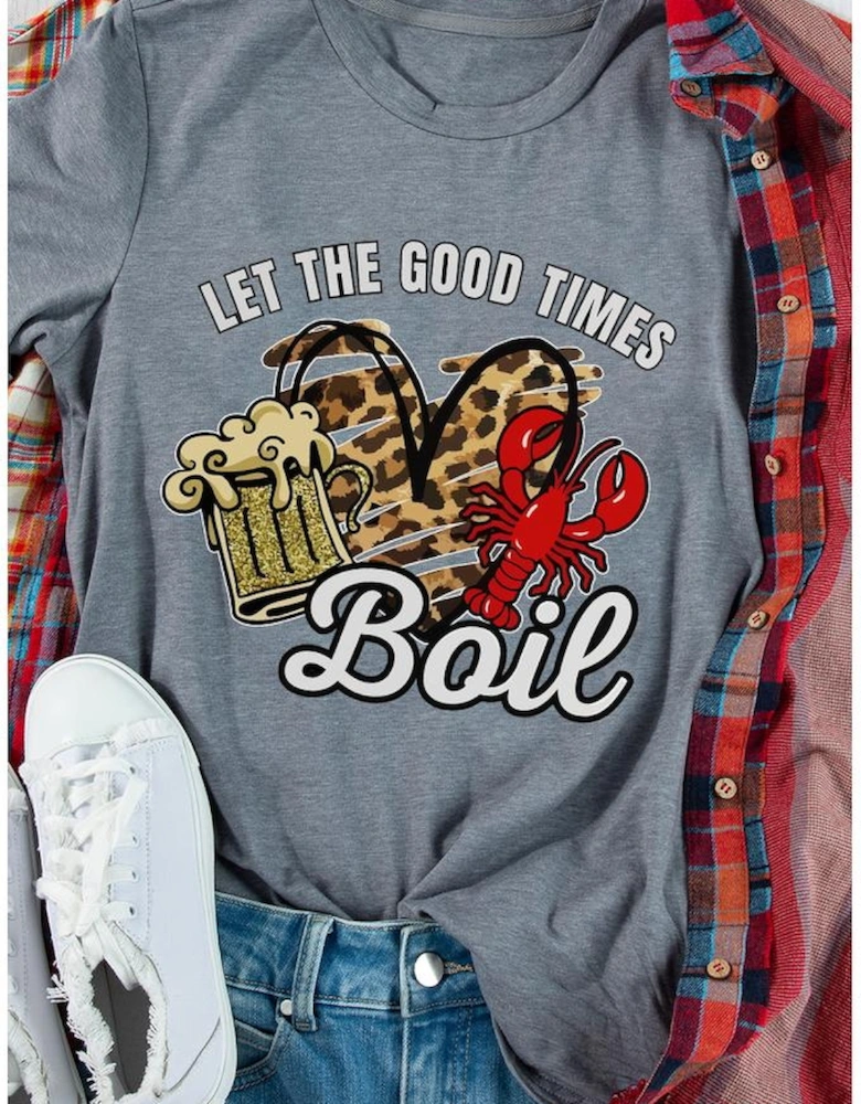 Gray Let The Good Times Boil Crawfish Leopard Heart Graphic Tee