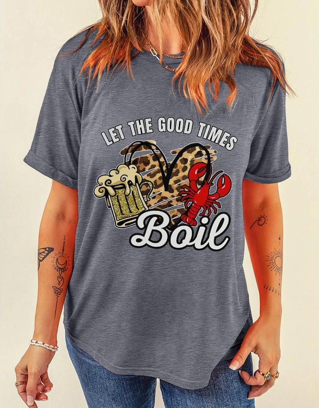 Gray Let The Good Times Boil Crawfish Leopard Heart Graphic Tee