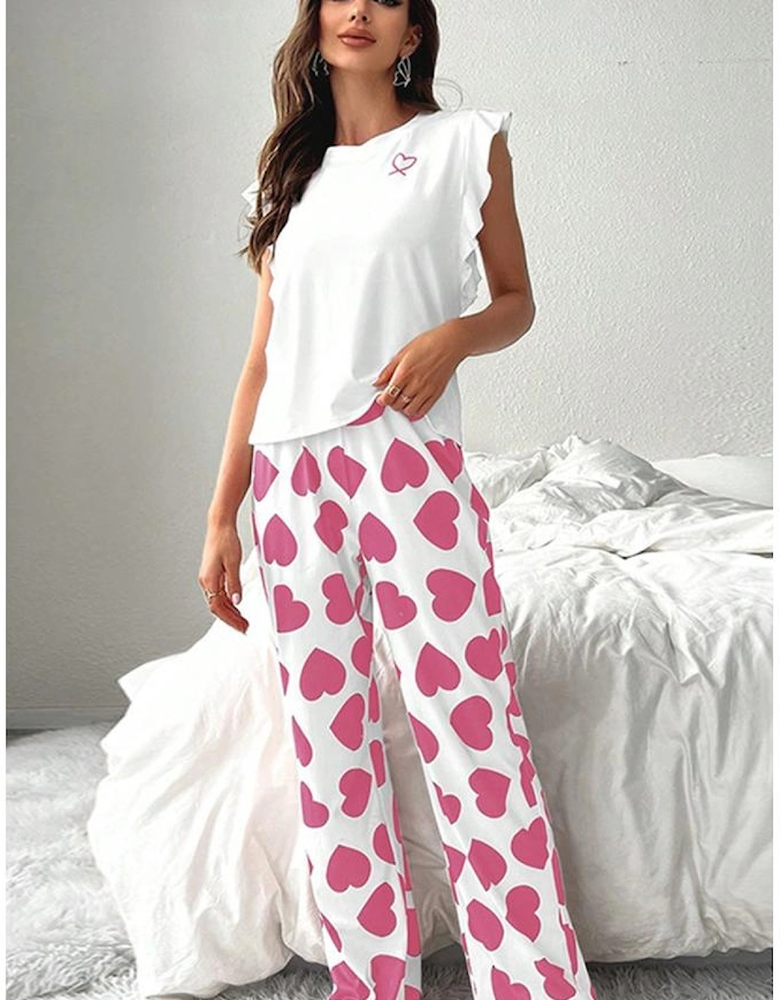 Pink Ruffled Tank Top And Heart Print Pants Lounge Set