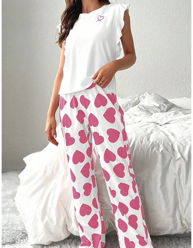 Pink Ruffled Tank Top And Heart Print Pants Lounge Set