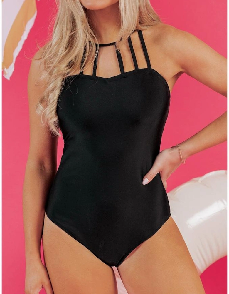 Black Sleeveless Strappy Halter Neck Sexy One Piece Swimsuit