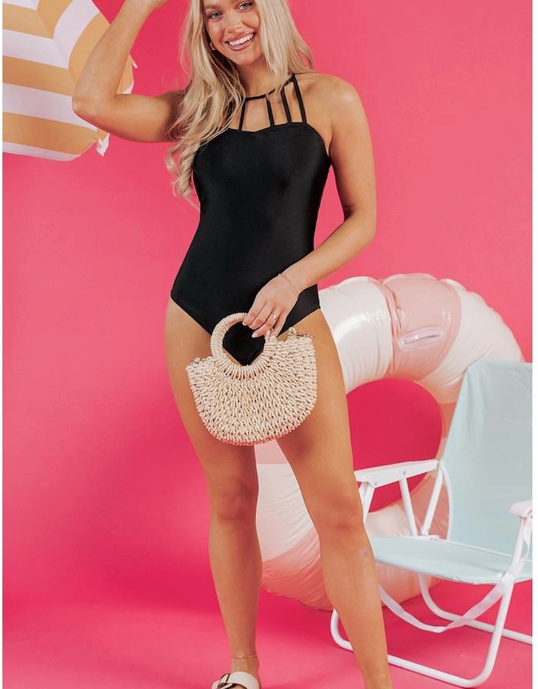 Black Sleeveless Strappy Halter Neck Sexy One Piece Swimsuit