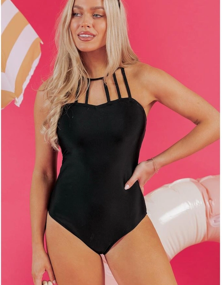 Black Sleeveless Strappy Halter Neck Sexy One Piece Swimsuit