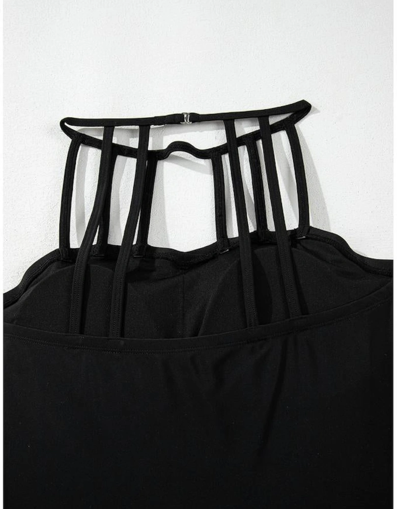 Black Sleeveless Strappy Halter Neck Sexy One Piece Swimsuit